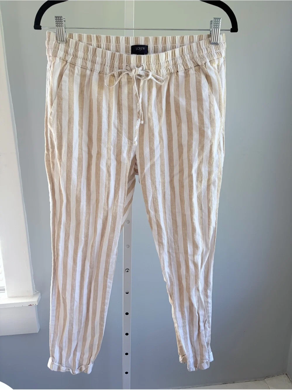 J. Crew Beige White Striped Linen-Blend Drawstring Joggers